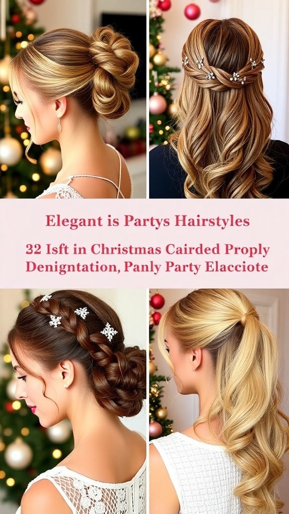 A collection of stylish Christmas party hairstyles including a chignon, loose waves, braided crown, half-up style, and sleek ponytail with festive accessories.